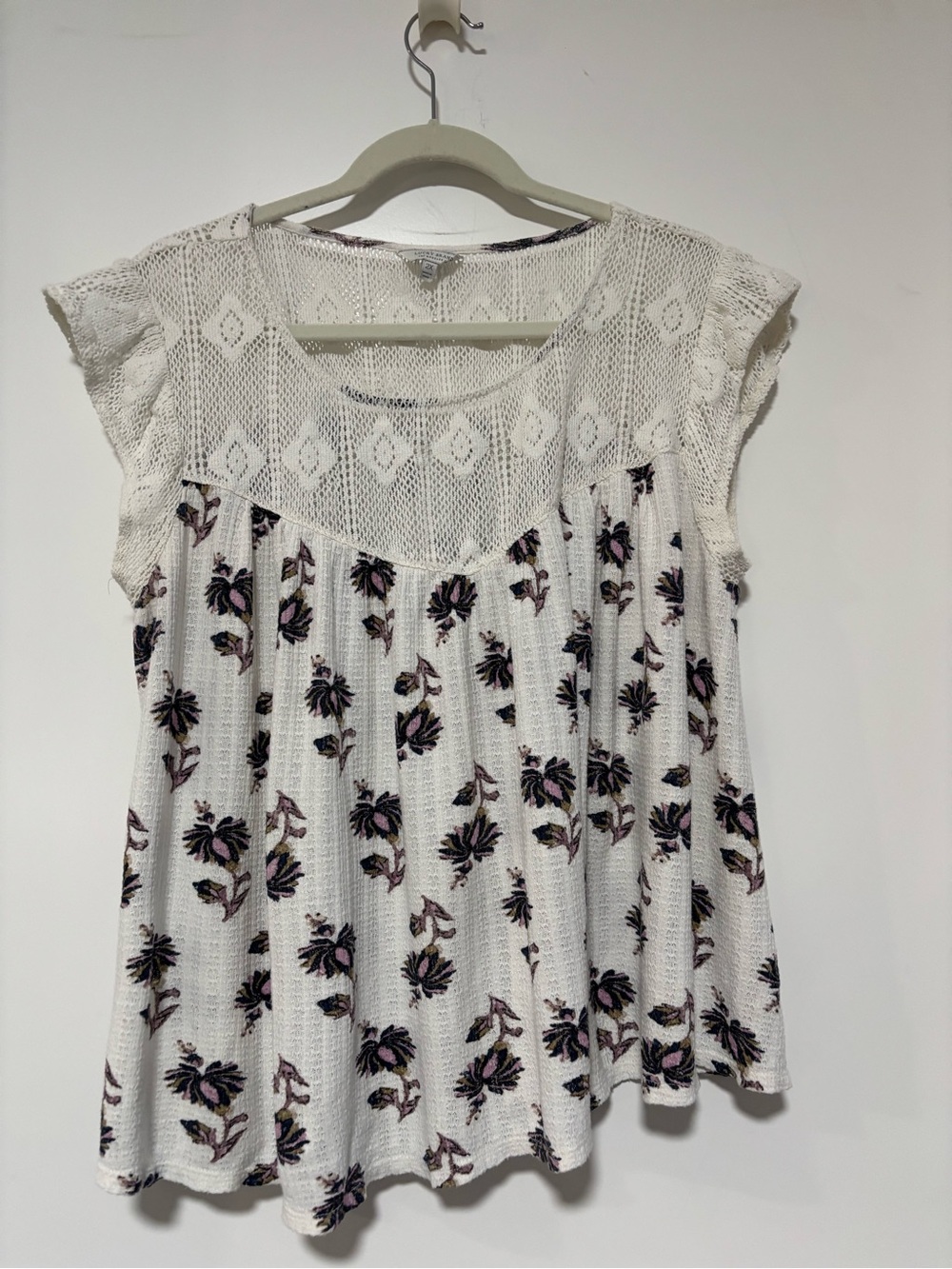 Lucky Brand 2X White Floral Crochet Yoke Blouse